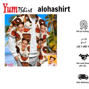 3D Face Print Aloha Hawaiian Shirt Cheese Burger & Pizza Casual Tropical Funky ButtonDown Shirt