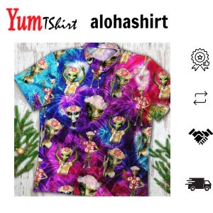 Alien Hawaiian Shirt Alien Wearing Flower Wreath Pattern Purple Pink Hawaii Shirt Alien Aloha Shirt