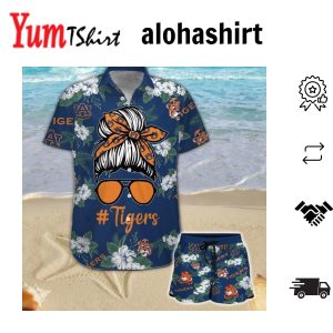 Auburn Tigers Girl Messy Bun Short Sleeve Button Up Tropical Hawaiian Shirt