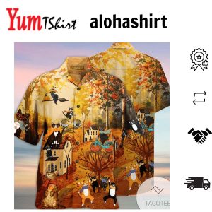 Autumn Fun With A Mischievous Black Cat On A Hawaiian Shirt
