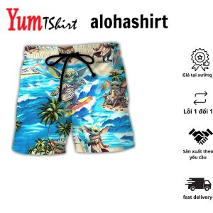 Baby Yoda Starwars Surfing Aloha Hawaiian Beach Shorts