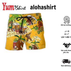 Bigfoot Summer Beer Tropical Aloha Hawaiian Beach Shorts