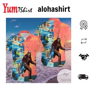 Bigfoot’s Beach Adventure Illustrated On Tropical Hawaiian Shirt
