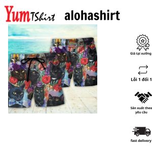 Black Cat Art With Flowers Aloha Hawaiian Beach Shorts