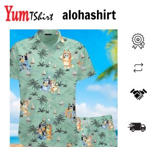 Bluey Beach Hawaiian Green Shirt Shorts Men’s Island Adventure