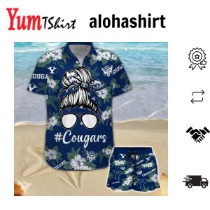 Byu Cougars Girl Messy Bun Short Sleeve Button Up Tropical Hawaiian Shirt