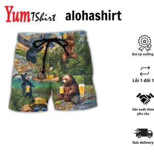 Camping Funny Bear Camping Without Beer Is Just Sitting In The Woods Aloha Hawaiian Beach Shorts