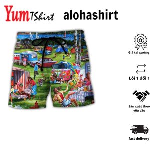 Camping Funny Bear Drinking Camping And Beer Why I’m Here Aloha Hawaiian Beach Shorts