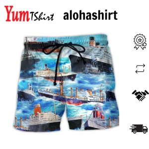Cargo Ship Blue Sea Aloha Hawaiian Beach Shorts