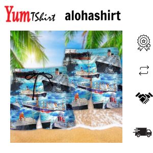 Cargo Ship Blue Sea Aloha Hawaiian Beach Shorts