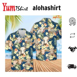 Charolais Cattle Summertime Blue Floral Theme Hawaiian Shirt 3D