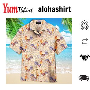 Chicken Roosters In Floral Ornament On A Beige Native Pattern Hawaiian Shirt For