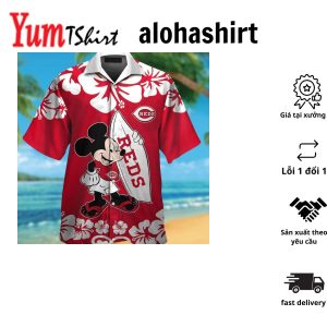 Cincinnati Reds Mickey Mouse Short Sleeve Button Up Tropical Hawaiian Shirt
