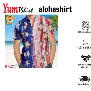 Custom Face Men’s Patriotic Aloha Hawaiian Shirt Casual Breathable Short Sleeve Aloha Hawaiian Shirt