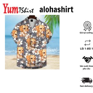 Custom Hawaiian Shirt With Pet Face Personalized Gift For Pet Lovers Watercolor Flower Gray Color Aloha Shirt