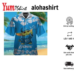 Detroit Lions Baby Yoda Short Sleeve Button Up Tropical Hawaiian Shirt