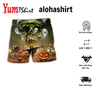 Halloween Pumpkin Crazy Ghost Style Aloha Hawaiian Beach Shorts