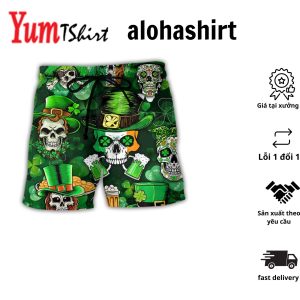 Irish Skull St Patrick’s Day Green Light Aloha Hawaiian Beach Shorts