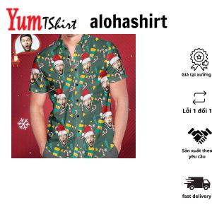 Men’s Custom Face Wear Santa Hat Christmas Hawaiian Aloha Shirts Christmas Gift
