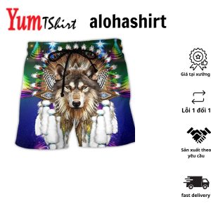 Native Wolf And Merry Christmas Cool Style Aloha Hawaiian Beach Shorts