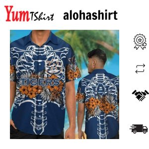 Ncaa Auburn Tigers Orange Flowers Blue Hawaiian Shirt Aloha Shirt
