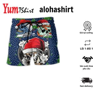 Skull With Santa Hat Merry Christmas Tree Aloha Hawaiian Beach Shorts
