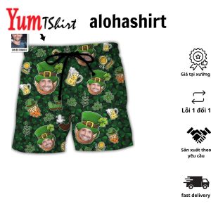 St Patricks Day Happy Coin Shamrock Lucky Custom Photo Aloha Hawaiian Beach Shorts – Personalized Photo Gifts