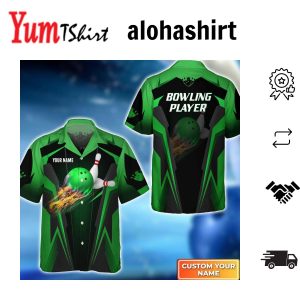 The Green Bowling Ball In Flames Breaks White Skittles Hawaiian Shirt Bowling Hawaiian Shirt For Men Women Bowling Team