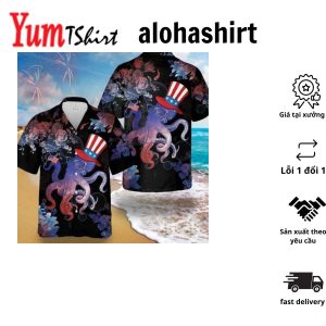 4Th Of July Hawaiian Shirt Octopus Celebrates 4Th Of July Flower Black Hawaii Shirt 4Th Of July Aloha Shirt