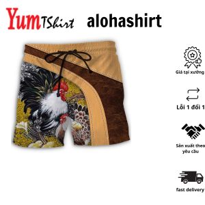 Chicken An Old Rooster And His Cute Chick Aloha Hawaiian Beach Shorts
