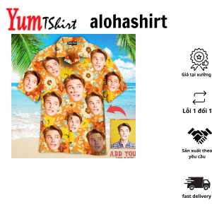 Custom Face Sunflowers Shirt Men Front Pocket Beach Shortsleeve Pocket Hawaiian Shirt