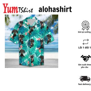 Doberman Hiding Behind Tropical Leave Hawaiian Shirt