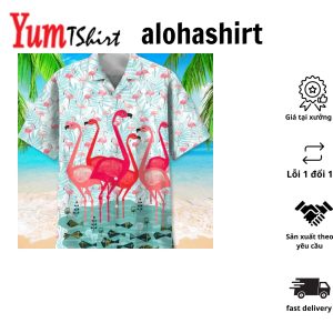 Flamingos Grace This Casual Blue Hawaiian Shirt With A Funky Twist