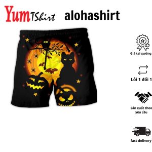 Grinning Black Cats Halloween Hawaiian Shirt For Men Black And Pumpkin Orange Harlequin Pattern Hawaiian Shirt