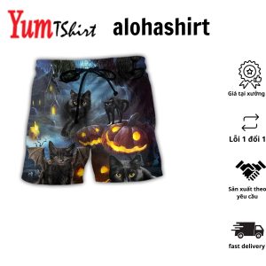 Halloween Black Cat Dark Night Style Aloha Hawaiian Beach Shorts
