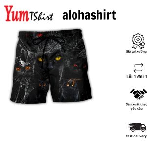 Halloween Black Cat In The Dark Aloha Hawaiian Beach Shorts