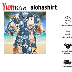Happy Shiba Inu Dog Blue Tribal Pattern White Plant Hawaiian Shirt