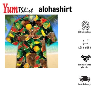 Highland Cattle Tropical Fruits All Over Printed 3D Hawaiian Shirt