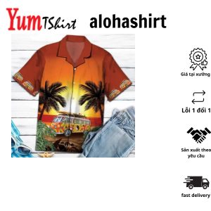 Hippie Bus Under Sunset Palm Tree Beach Themed Pattern Hawaiian Shirt