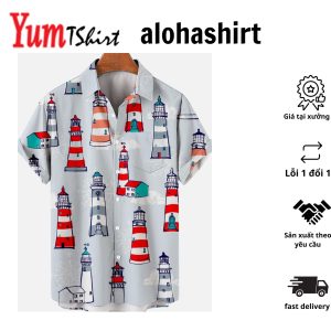 Lighthouse Cartoon Pattern Print Lapel Men’s Short Aloha Hawaiian Shirt