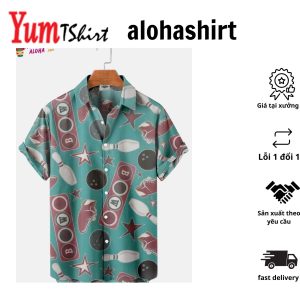 Men’s Vintage Bowling Geometric Print Regular Sleeve Aloha Shirt