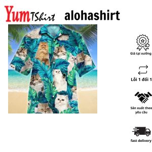 Persian Cat Lovers Gift Blue And Green Tropical Leave Hawaiian Shirt