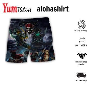 Pirate Skeleton And Thunder Aloha Hawaiian Beach Shorts