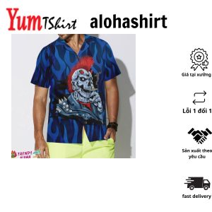 Punk Rock Skull Electric Guitar Hawaiian Shirt Blue Flame Pattern Skull Rocker Hawaiian Shirt For Men
