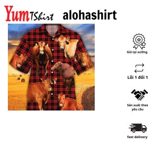 Red Angus Cattle Red Plaid Pattern All Over Printed 3D Hawaiian Shirt