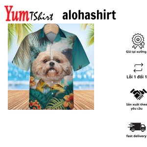 Shih Tzu Royal Locks Showcased In 3D Hawaiian Tropical Shirt