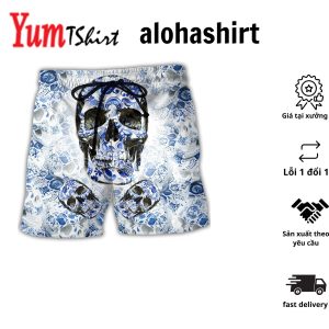 Skull Love Life Blue Pattern Aloha Hawaiian Beach Shorts