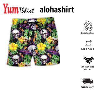 Skull Love Life Yellow Flower Aloha Hawaiian Beach Shorts
