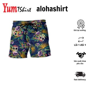 Skull Play With Tropical Leaf Aloha Hawaiian Beach Shorts