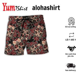 Sugar Skull Red Floral Aloha Hawaiian Beach Shorts